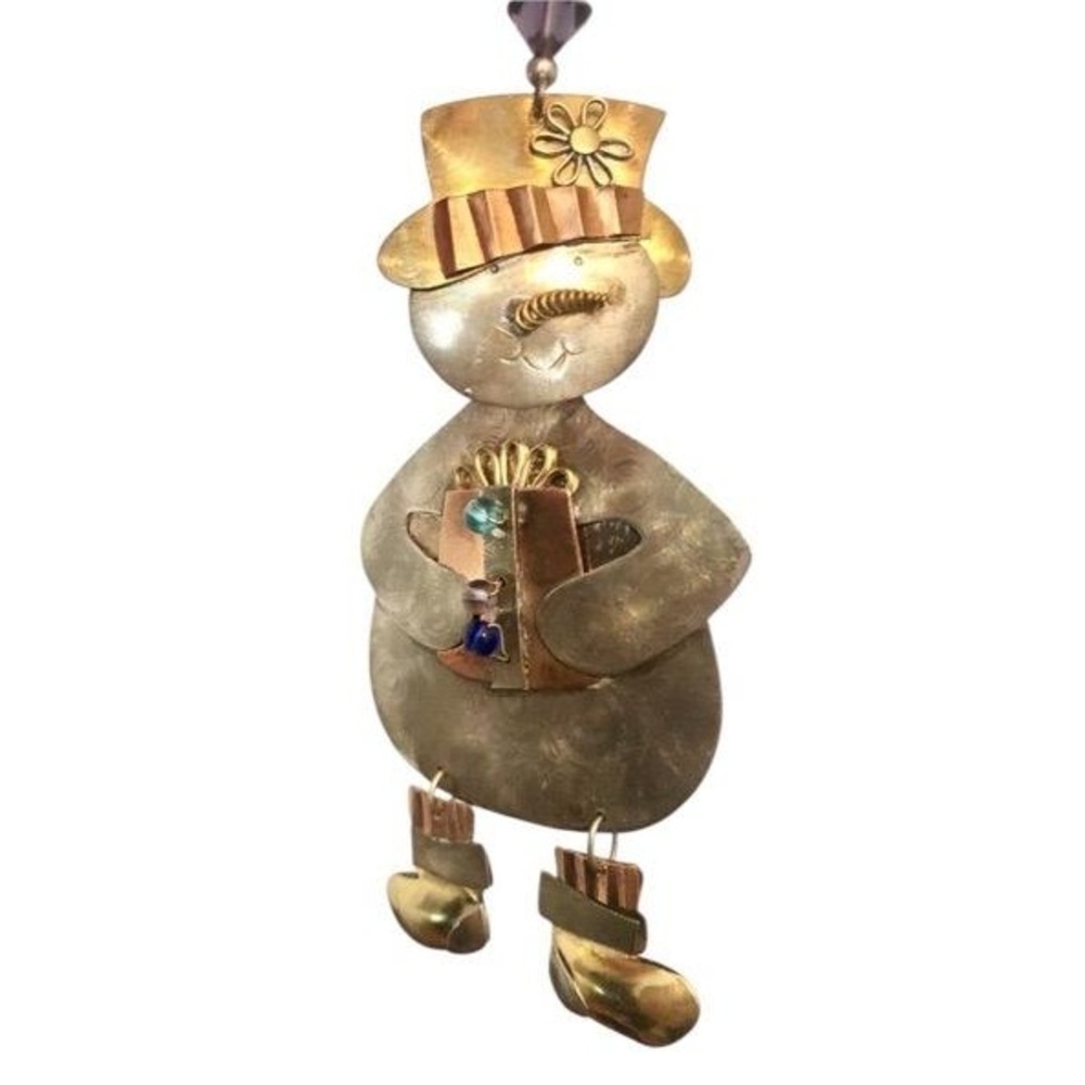 Mixed Metal Snowman Christmas Ornament Tin Brass Beads Engraved Swirls 4 In Tall